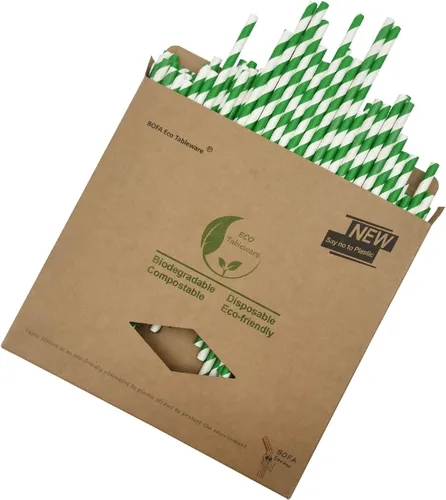 Vista 9 de Pajitas de papel a rayas negras, paquete de 100 popotes biodegradables desechables de rayas negras y blancas para restaurantes, jugos, batidos