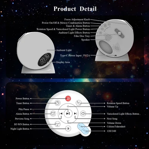Vista 7 de Proyector Galaxy Pro para dormitorio, proyector de estrellas planetario 13 en 1, luz nocturna con temporizador y ruido blanco, control remoto, reloj