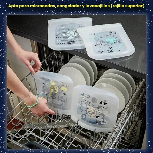 Vista 4 de Pyrex Juego de almacenamiento de silicona platino de 4 piezas, 2 bolsas de sándwich reutilizables, 2 bolsas reutilizables de medio galón,