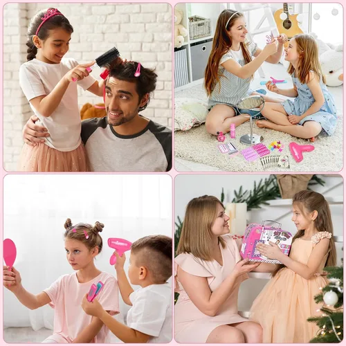 Vista 6 de Gifts2U Juguetes de peluquería para niñas, juego de salón de belleza para niñas, juego de peluquería con secador de pelo, delantal de disfraz