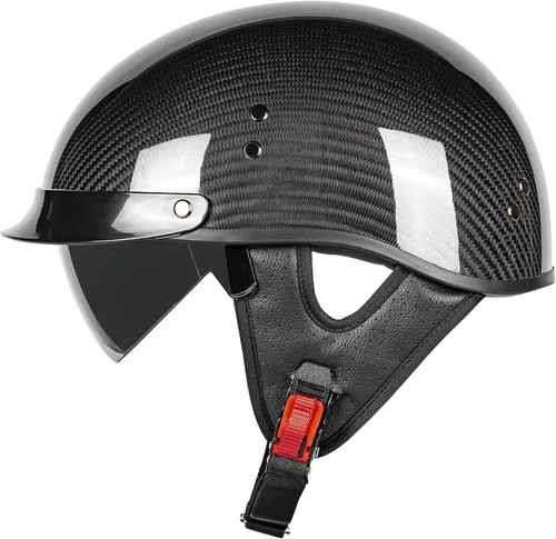 Vista 10 de Medio casco de motocicleta de fibra de carbono para adultos, hombres y mujeres, cascos retro de cara abierta aprobados por DOT con visera, diseño