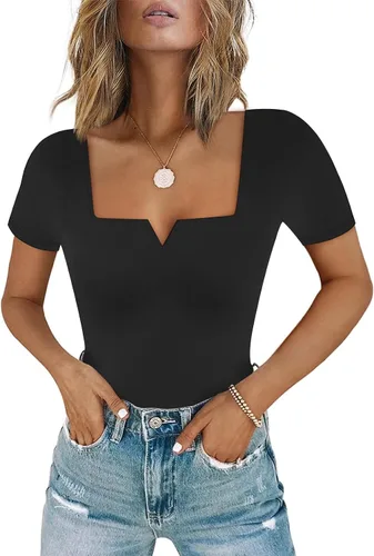 Vista 33 de Chunpin Body de manga larga para mujer, cuello cuadrado, muesca, cuello en V, traje de cuerpo de doble forro para salir, trajes de tanga Slim Fit