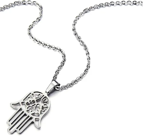 Vista 3 de COOLSTEELANDBEYOND Hamsa - Collar colgante de mano de Fátima de acero inoxidable con cadena de 20 pulgadas