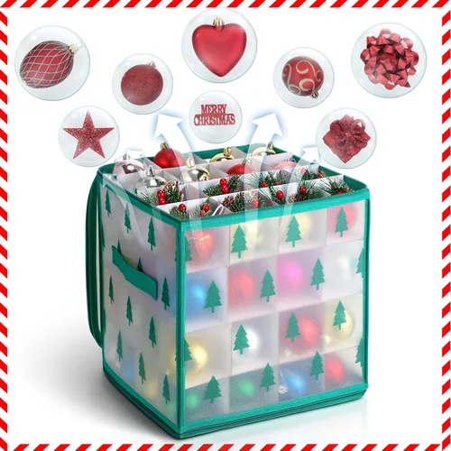 Vista 5 de Saintrygo 4 cajas de almacenamiento de adornos navideños con 64 compartimentos con cremallera, caja de plástico de vinilo para adornos con asas, 12