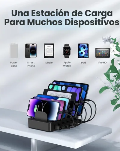 Vista 4 de CREATIVE DESIGN Estación de carga múltiple de 50 W y 6 puertos con 6 cables de carga, base de carga USB para múltiples dispositivos, compatible