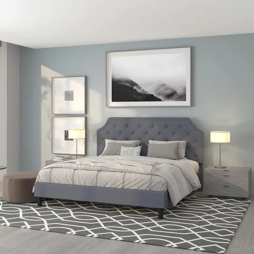 Vista 18 de EMMA + OLIVER Base de cama tapizada con diseño arqueado y diseño capitoné en tela beige