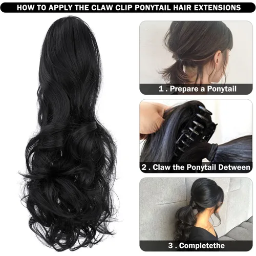 Vista 4 de Extensión de cola de caballo con clip de garra, de 18 pulgadas, extensiones de cabello ondulado largo para mujer, extensiones de cola de caballo