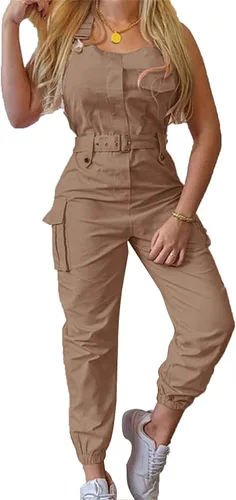 Vista 2 de Overol con bolsillos de estilo cargo sin mangas para mujer con correas ajustables bolsillos con cinturón pantalones elásticos estilo casual a