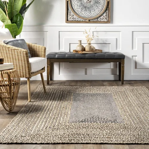 Vista 9 de nuLOOM Discotek alfombra de área trenzada de yute, 6 pies, redonda, color gris Nuloom Draya Bordered - Alfombra redonda de yute de lana de 6 pies