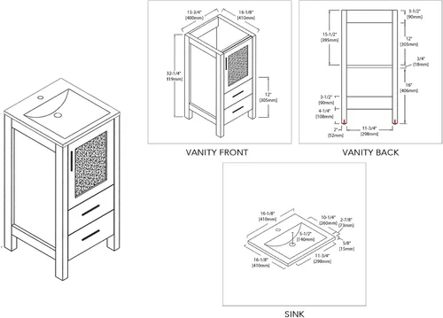 Vista 2 de Blossom Tocador de baño de madera maciza espresso de 16 pulgadas con fregadero, pequeño gabinete independiente con fregadero de cerámica y puerta