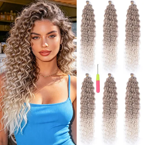 Vista 28 de MAYSA Cabello ondulado de ganchillo azul, cabello ondulado con ganchillo para mujer, extensiones de cabello sintético de onda profunda de 22