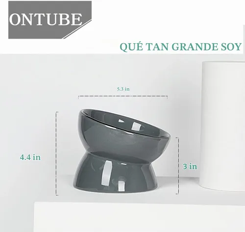 Vista 2 de ONTUBE Cuenco elevado de cerámica para gatos, 10 oz (gris)