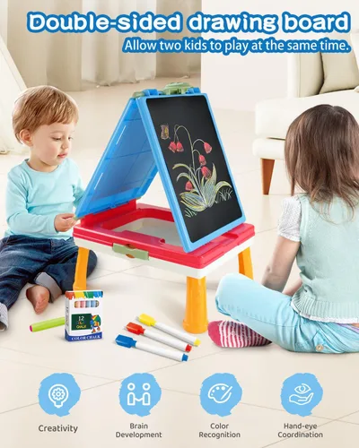 Vista 7 de Elovien Caballete para niños, caballete de arte de doble cara 4 en 1 con pizarra y pizarra blanca magnética, caballete de mesa plegable para niños
