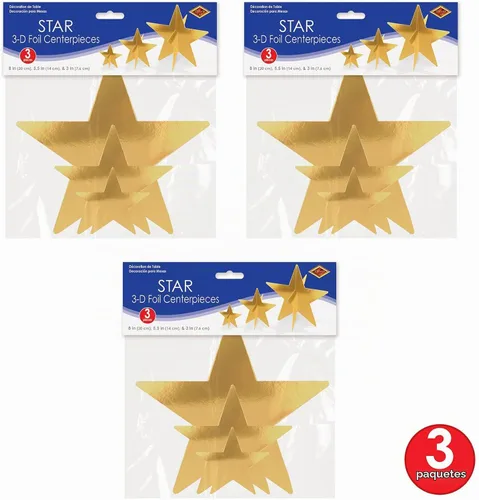 Vista 6 de Beistle Centros de mesa dorados de aluminio 3D, 9 unidades – Decoraciones de mesa estrelladas metálicas en 3 tamaños para Nochevieja, noche