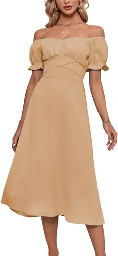 Vista 3 de LYANER - Vestido fruncido con hombros descubiertos, volantes, cruzado, de manga corta y abombada, para atar por detrás