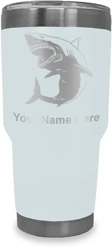 Vista 8 de LaserGram Vaso aislado al vacío de 20 onzas, gran tiburón blanco, grabado personalizado incluido (negro)