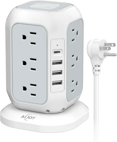 Vista 7 de Regleta de alimentación USB C en forma de torre, protector de sobretensiones con 12 tomas de CA y 4 puertos USB, AiJoy cable de extensión de 10