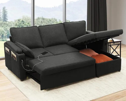 Vista 12 de Sofá cama extraíble 2 en 1 sofá cama seccional sofá en forma de L con almacenamiento Sofás convertibles para sala de estar, puertos de carga USB