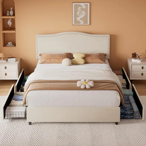 Vista 14 de VECELO Base de cama tamaño Queen, base de cama de plataforma con cabecera tapizada de altura ajustable, marcos resistentes y fuerte soporte