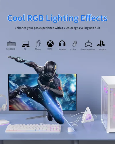 Vista 3 de Hub USB 3.0 de 7 puertos, divisor de concentrador USB vertical blanco con iluminación RGB en forma de árbol, transferencia de alta velocidad de 5