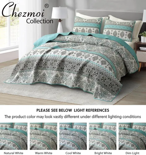 Vista 5 de Chezmoi Collection Herald - Juego de edredón estampado de 2 piezas, color azul aguamarina, negro, blanco, bohemio, damasco, colcha ligera