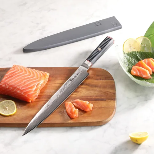 Vista 5 de Cangshan YARI Series 501295 - Cuchillo Sashimi de 10 pulgadas con funda, acero de Damasco X-7