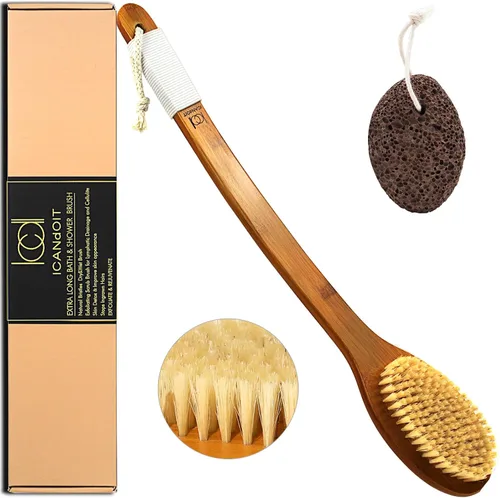 Vista 10 de ICANdOIT - Cepillo de baño de mango largo antideslizante de cerdas de jabalí natural de 17.71 pulgadas, limpiador de ducha con mango doblado