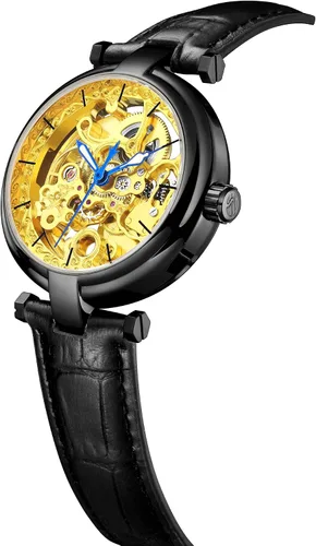 Vista 2 de Reloj esqueleto de pulsera automático estilo steampunk, manecillas luminosas de tono dorado, correa de cuero
