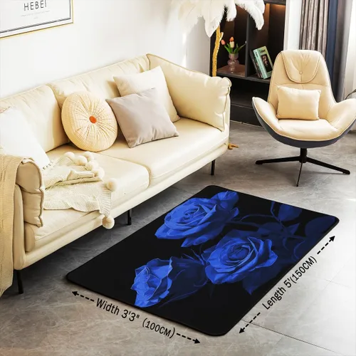 Vista 2 de jejeloiu Alfombra romántica de 4 x 5 pies con patrón de rosas azules románticas para sala de estar, dormitorio, día de San Valentín, alfombra