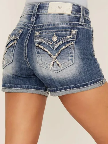 Vista 3 de Flamingals Pantalones cortos de mezclilla elásticos rasgados para mujer, pantalones cortos de mezclilla ajustados de tiro medio, dobladillo