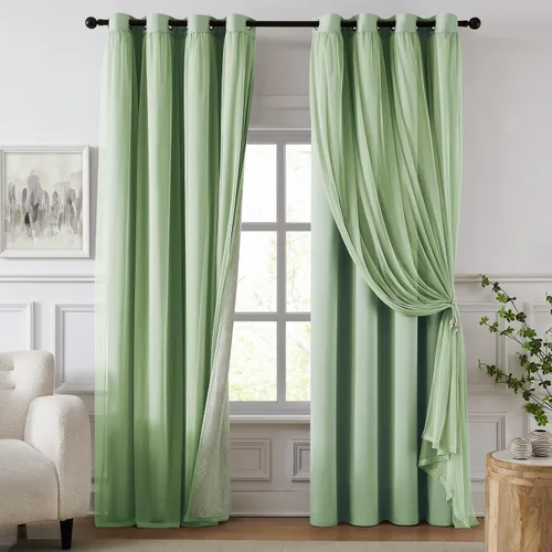 Vista 15 de cortinas 100% opacas para dormitorio, cortinas rosadas de doble capa, cortina oscura de 96 pulgadas de largo con superposición transparente