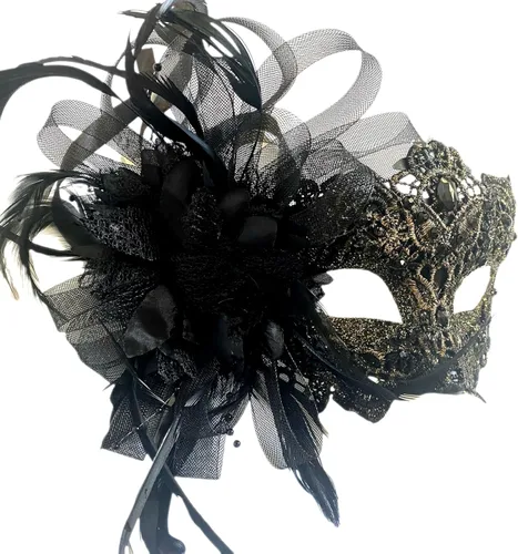 Vista 7 de MASQ Par de máscaras de encaje brocado para mascarada, Mardi Gras, cumpleaños, graduación, boda, fiesta Bk Lace W Pluma