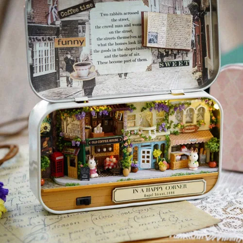 Vista 6 de Kit de casa de muñecas en miniatura con luces LED, caja de teatro, juego de construcción de modelos de arquitectura, tema de calle feliz