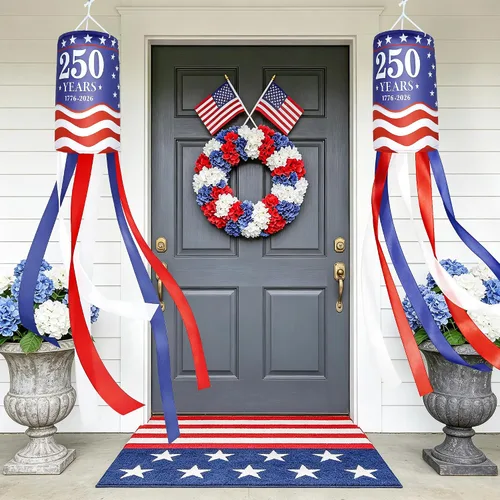 Vista 2 de 2Pcs 250 Years American Windsocks Decorations, Double Sided Red White Blue 250th Anniversary 1776-2026 WindSock for 4th July Memorial Day Patriotic