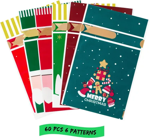 Vista 2 de HongyiTime 60 bolsas de dulces de Navidad, bolsas de regalo de plástico con cordón para regalo de fiesta de cumpleaños, aperitivos, regalos de boda