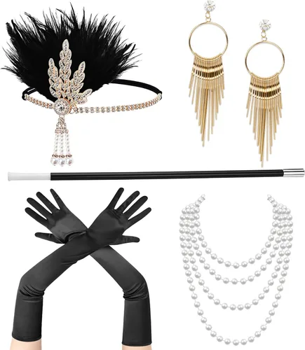 Vista 7 de Juego de accesorios de Gatsby de los años 20 para mujer, diadema de plumas, collar de perlas y guantes