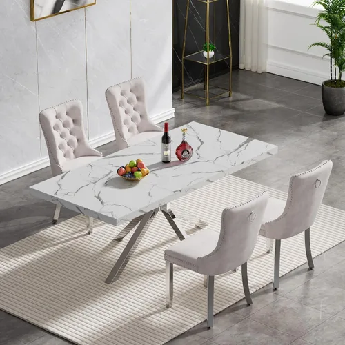 Vista 2 de HomVent Juego de mesa de comedor rectangular para 4, juego de mesa de cocina rectangular, juego de mesa de comedor de mármol sintético, juego