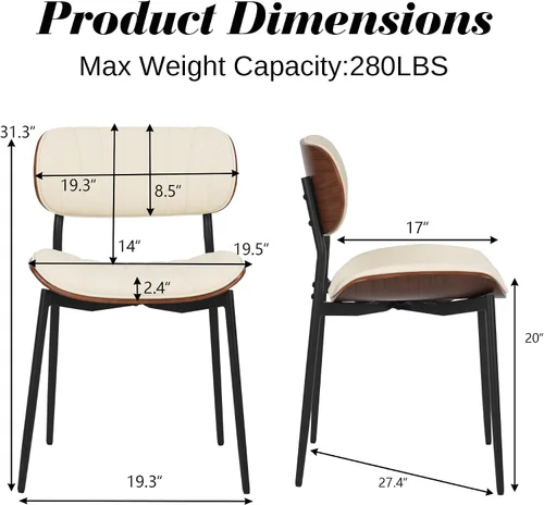 Vista 2 de HENGJIANYI Bentwood - Juego de 2 sillas de comedor modernas de piel sintética con patas de metal, sillas de cocina tapizadas de mediados de siglo