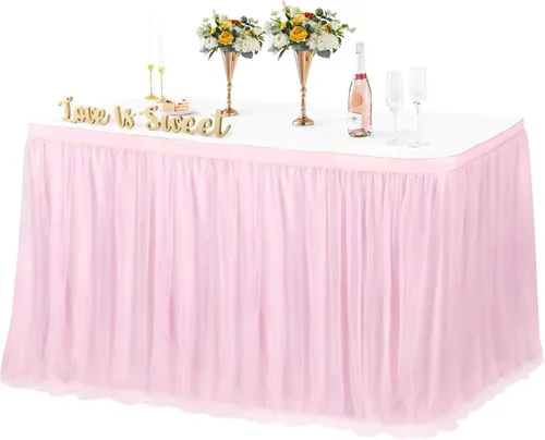 Vista 7 de Faldas de mesa de tul champán de 6 pies para cubiertas de mesas rectangulares, falda de mesa de tela tutú con volantes, 72X30.3'' mantel de tul