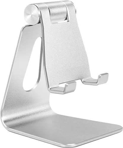 Vista 8 de Soporte plegable negro para teléfono celular de aleación de aluminio, soporte de teléfono de metal de mesa con ángulo ajustable por eje giratorio
