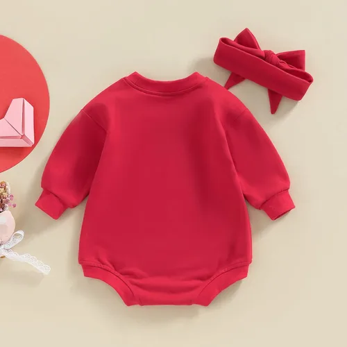 Vista 12 de Traje de bebé niña para el primer día de San Valentín, mameluco de burbujas con cuello redondo, sudadera linda para primavera y otoño