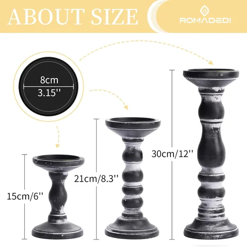 Vista 5 de Portavelas para Velas de Pilar: Romadedi Juego de 3 Portavelas Decorativos de Madera, Soporte de Vela de Madera Rústica para Repisa de Chimenea Mesa