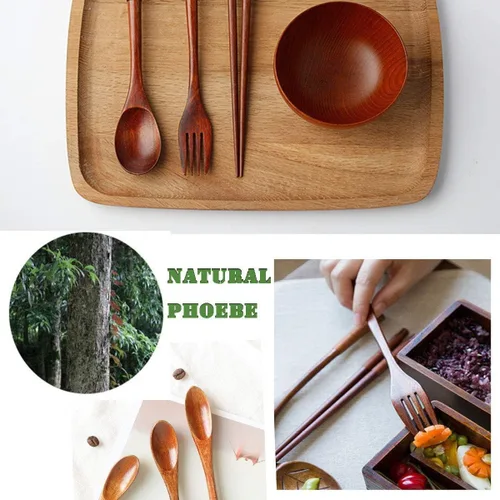 Vista 4 de Utensilios de madera reutilizables para comer, 8 piezas de cucharas de madera de viaje, tenedores, palillos, juego de cubiertos con estuche