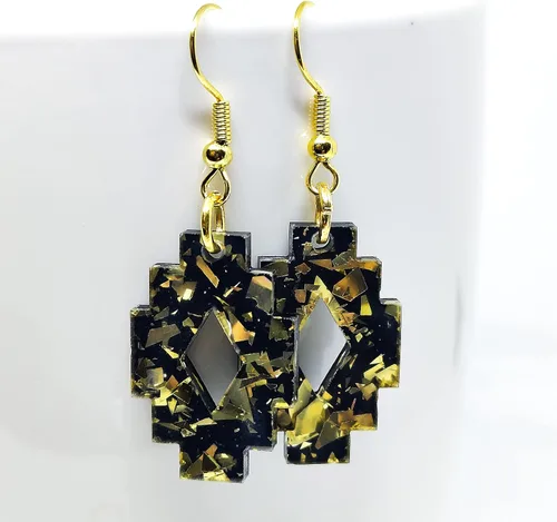Vista 4 de Boho Black and Gold Sparkle Dangle & Drop Earrings, Handmade, Metal for Sensitive Ears- Statement Earrings (Aztec Dangle Earrings)
