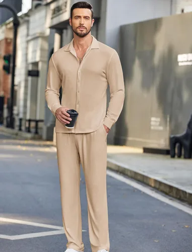 Vista 3 de COOFANDY Conjunto de 2 piezas para hombre, de manga larga, casual, con botones, camisa y pantalones, Camello