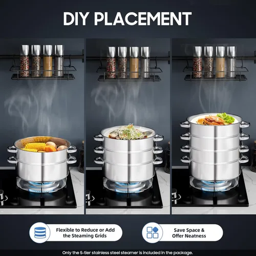 Vista 3 de Vaporizador de acero inoxidable de 5 niveles, vaporizador apilable de 11.0 in con tapa visible transparente, ollas de cocina de gran capacidad