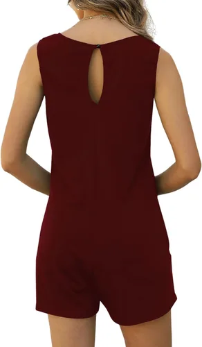 Vista 6 de Qnasey Mameluco corto casual de verano para mujer, con cuello redondo, sin mangas, con bolsillos