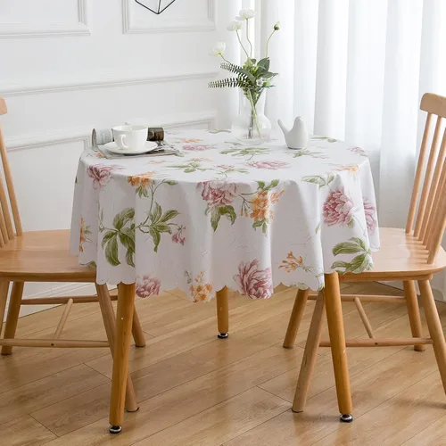 Vista 2 de LIBERECOO Juego de manteles de vinilo floral de alta calidad, mantel de PVC impermeable a prueba de aceite para mesas redondas, uso de alta