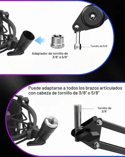 Vista 4 de Soporte universal de montaje de choque para micrófono, clip de micrófono para diámetro de 1,85 – 2,08 pulgadas, montaje de choque antivibración