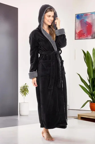 Vista 3 de Alexander Del Rossa - Bata de baño larga de cálido y suave vellón, con capucha, para mujer, para el invierno Negro